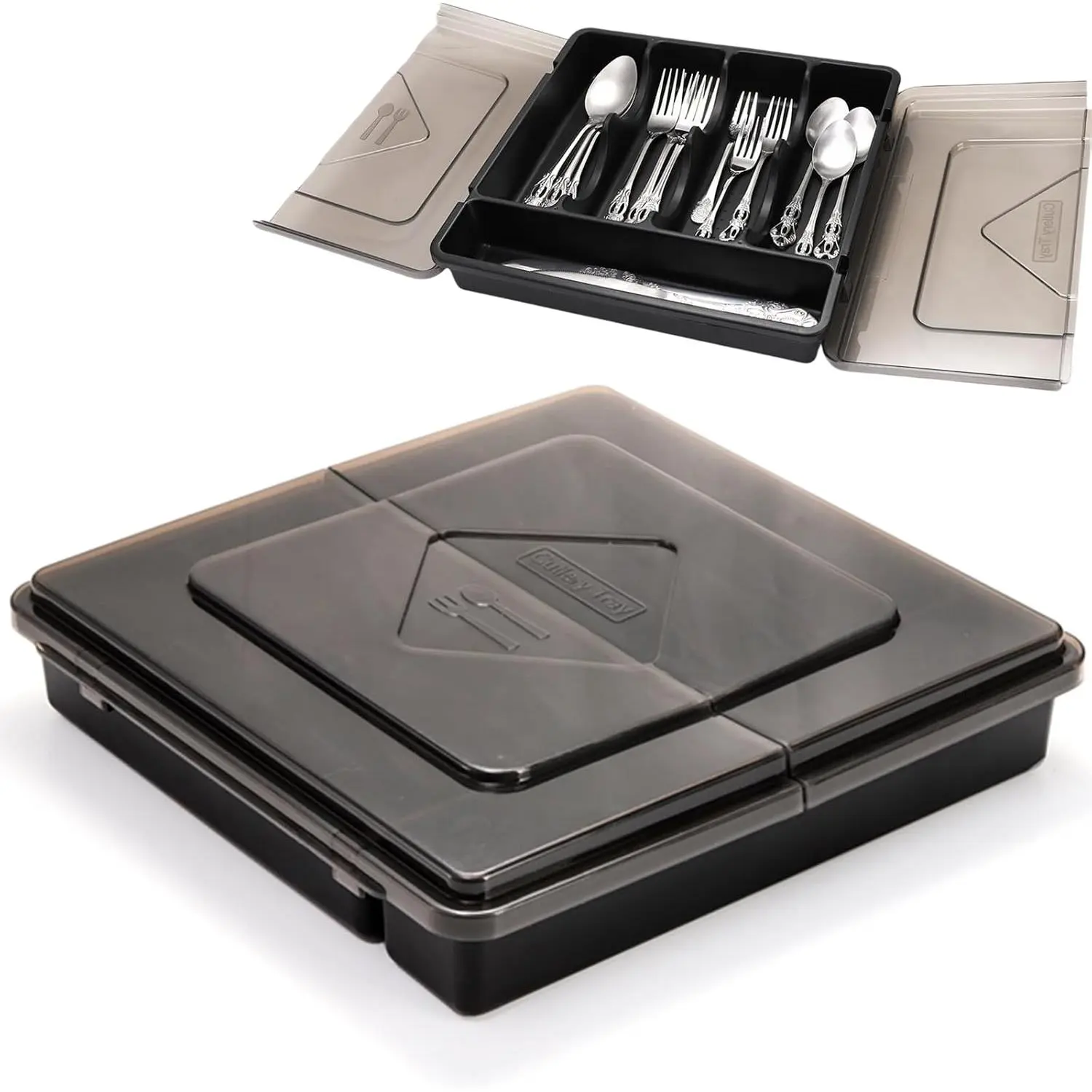 Silverware Organizer with Lid, Covered Utensil Drawer Organizer Tray for Kitchen, 5 Compartments Plastic Black Cutlery Flatware Storage Box for Spoons Forks , Office, RV, Countertop