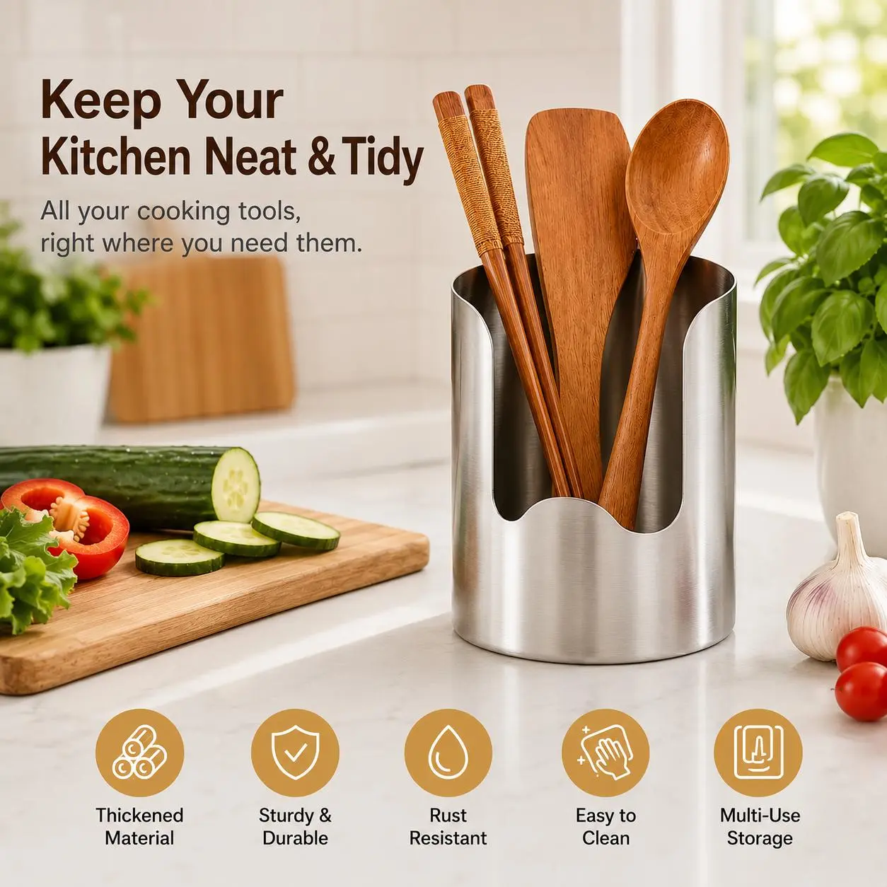 Thickened Stainless Steel Utensil Organizer, Rust Resistant & Easy-to-Clean Multi-purpose Storage Holder, Practical Container for Kitchen Countertop Cooking Tool Storage