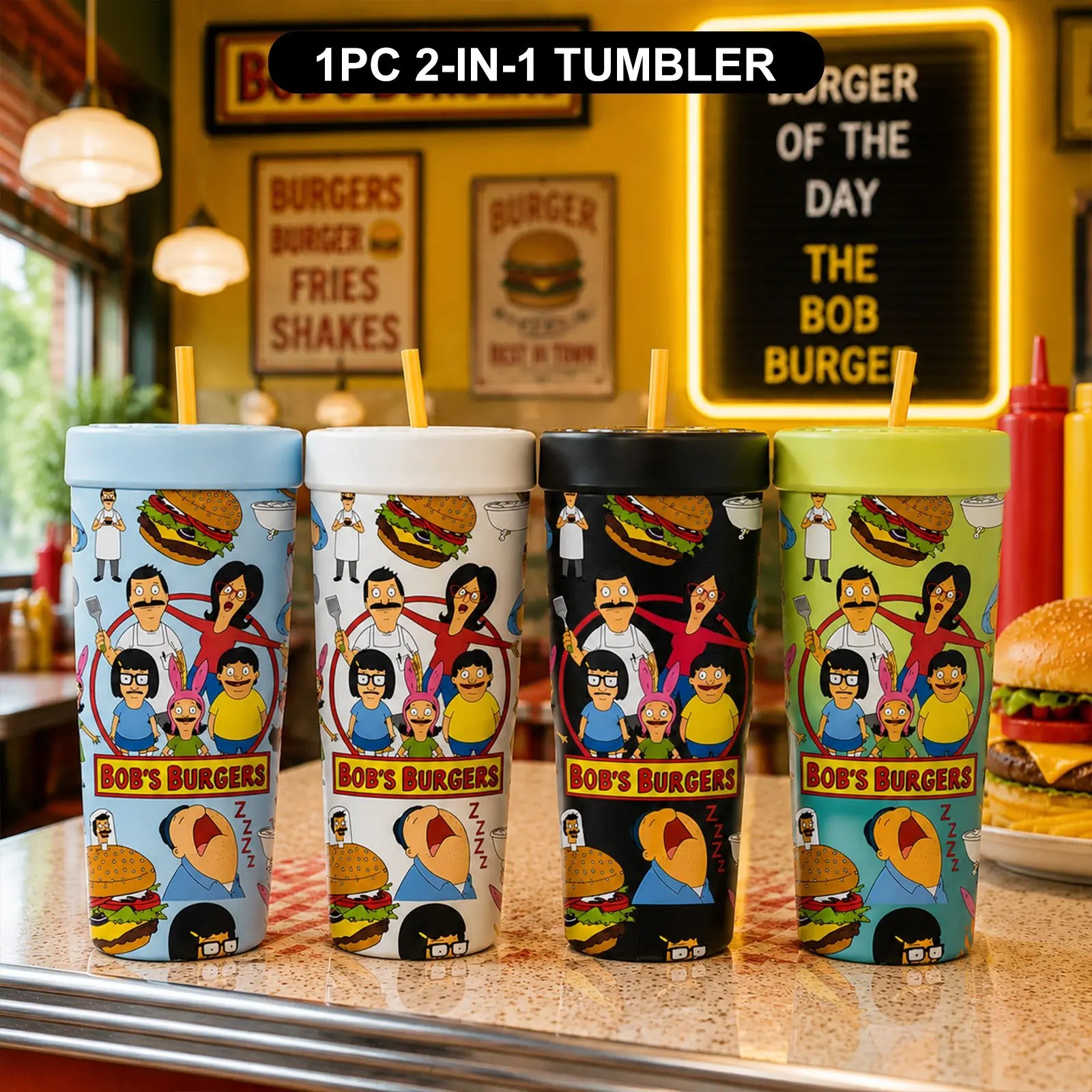 1PC 32oz Retro Burger Family Cartoon Print 2-in-1 Insulated Tumbler & Iced Coffee Cup Sleeve, Leak-Proof Double Wall Stainless Steel Travel Mug, Cold 12+H & Hot 6+H, Fits 16–24oz To-Go Cups, Gift for Friends & Family