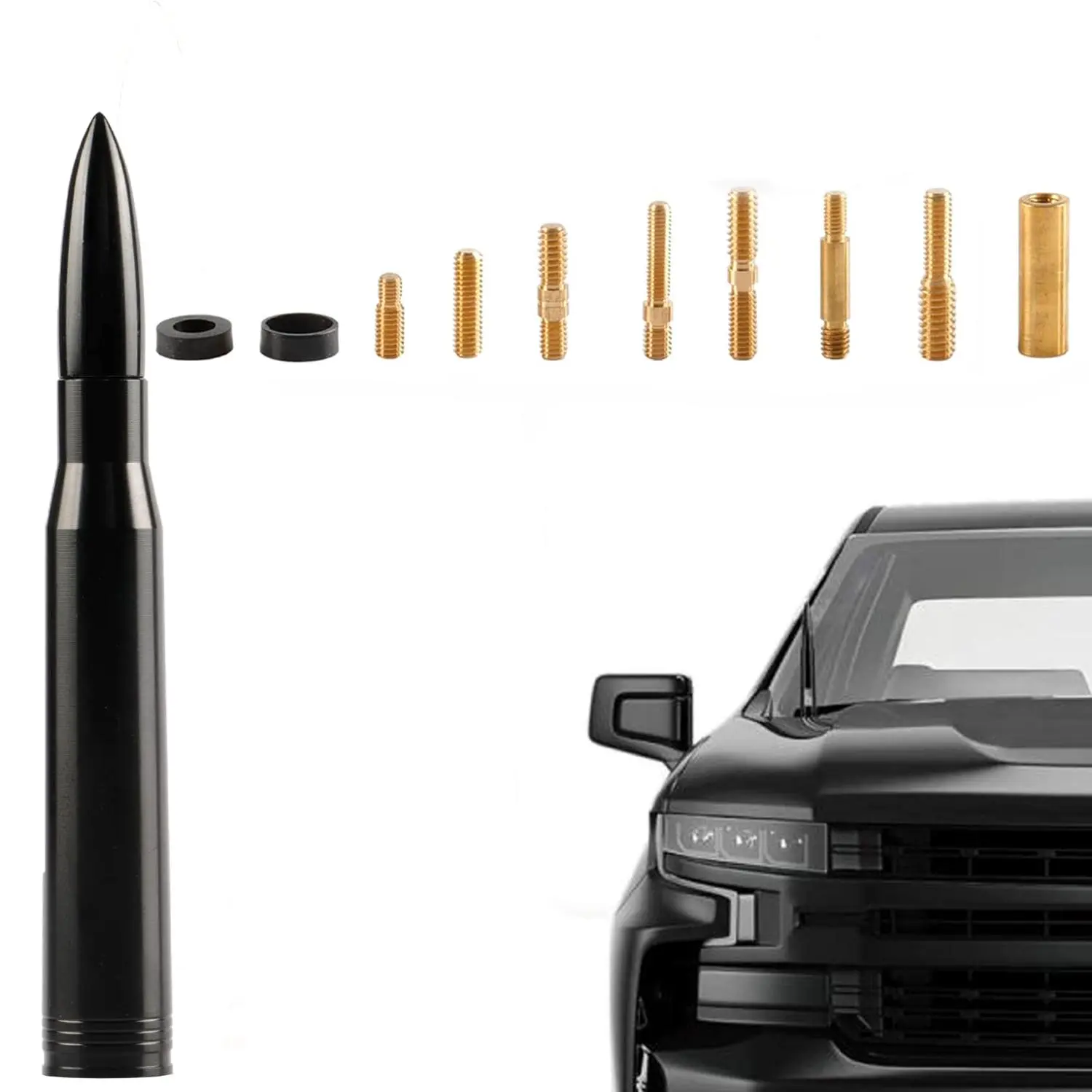 Bullet Antenna for Pickup Truck, 50 BMG Antenna 6061 Aluminum Short Design 50 Cal Compatible, More with 11 Adapters for Easy Installation Badass Trucks cal bullet antenna, Fit for Ford Chevrolet GMC