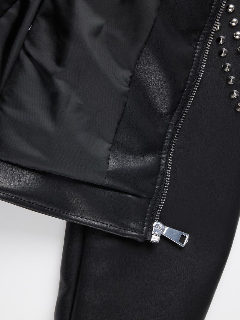 Women's Spring Autumn Jacket, Casual Fitted Long Sleeve, Vintage Stand Collar, Rivet Motorcycle Jacket with Zipper Pockets