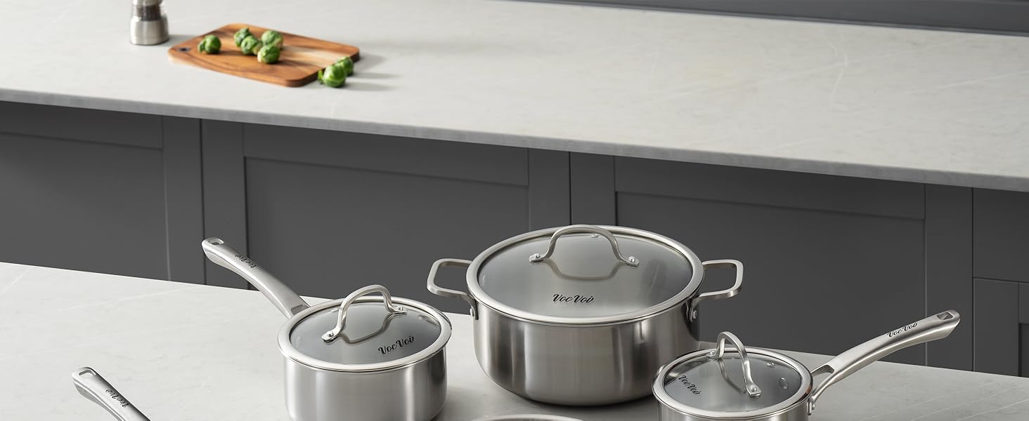 Stainless Steel Cookware Set,Tir-Ply Pots and Pans Set,10 Pcs Stainless Steel Induction Kitchen Cookware Sets,PFOA Free, Frying Pans,Saucepans,Saute Pan & Stock Tagine Pot,Compatible with All Cooktops