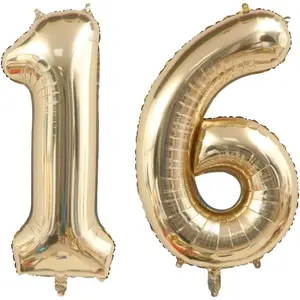 40 Inch Light Gold Giant 16 Number Foil Mylar Helium Jumbo Digital Balloon for 16th or 61st Birthday Anniversary Party Decorations Supplies
