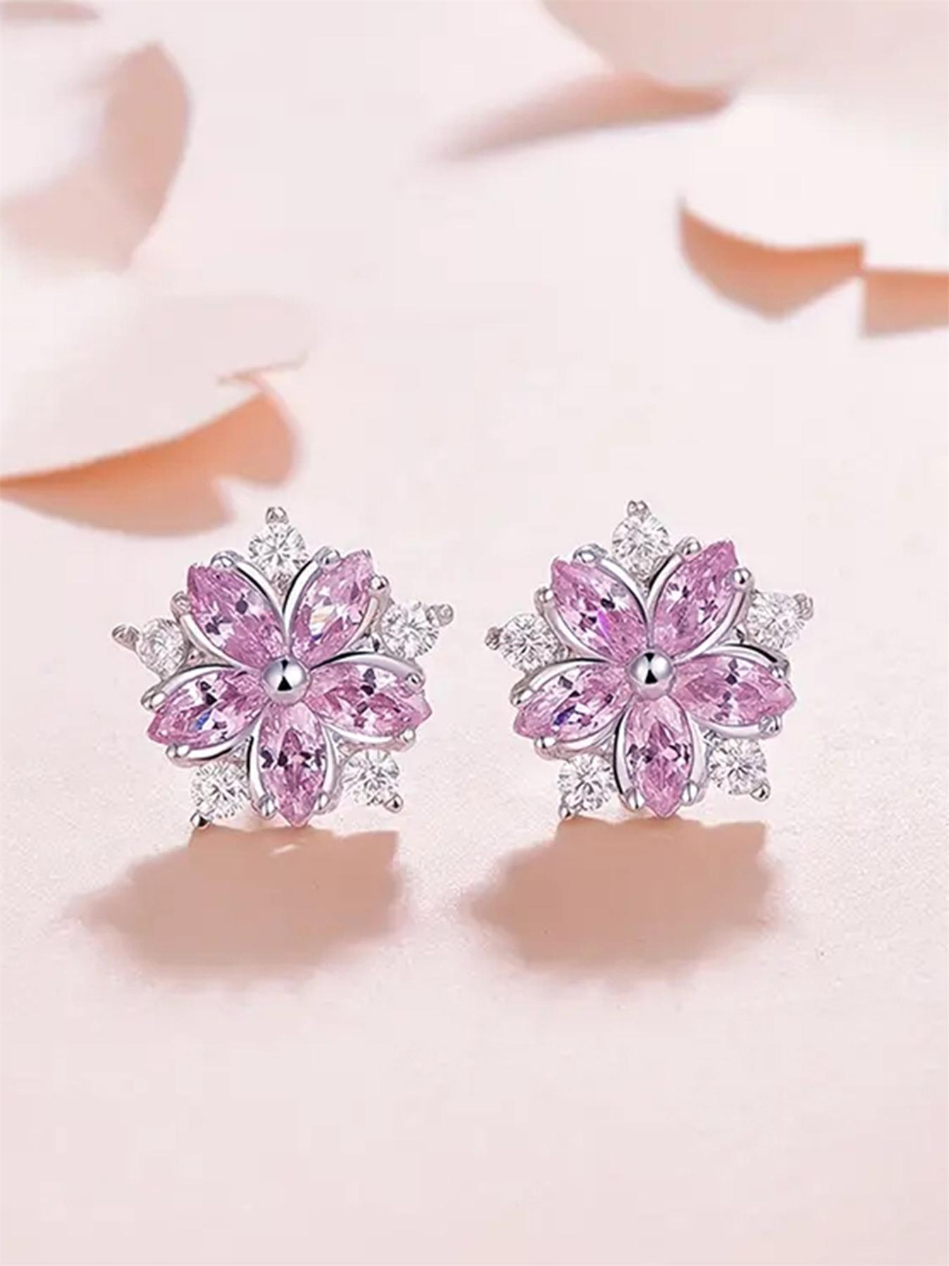 1 Pair Flower Shaped Design Rhinestone Stud Earrings for Women, Anniversary Birthday Gift, Zirconia Earrings for Daily Use, Wedding, Dazzling Rhinestones, Floral Accents, Statement Earrings, Rhinestone Decorated Bling