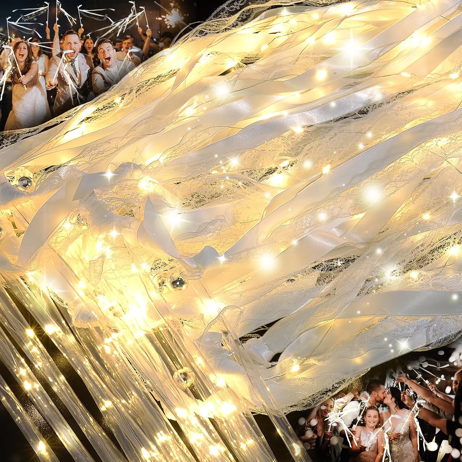 105 PCS Light Up Wedding Wands, LED Fairy Wand, Wands Streamers with 3 Flashing Modes, LED Silk Fairy Wand with Ribbons, Lace and Bells for Wedding Send Off Ideas, Parties, and Celebrations