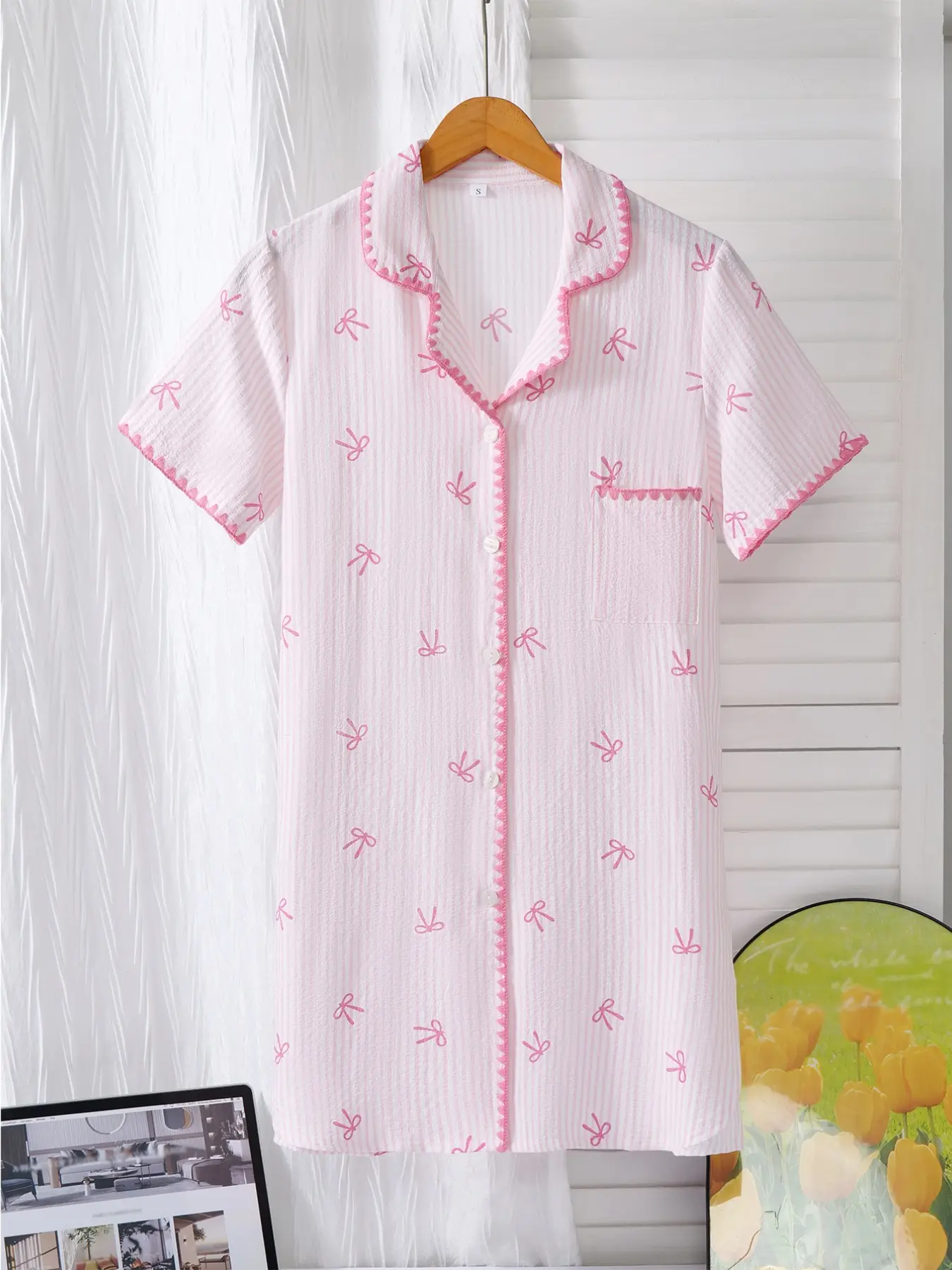 Women's Sweet Comfortable Simple Sleepwear, Striped Bow Short Sleeve Open Front Collared Nightgown, Home Wear, Cozy Lounge, Cute