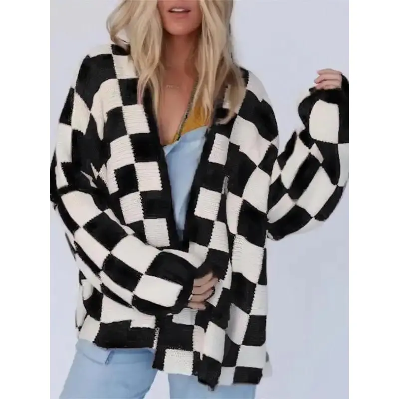 Women's Plaid Geometric Drop Shoulder Acrylic Cardigan - Breathable Knitting Loose-Fitting Open Front Casual Long Sleeve Sports Outerwear, 2024 Christmas Trend Daily Wear Gift