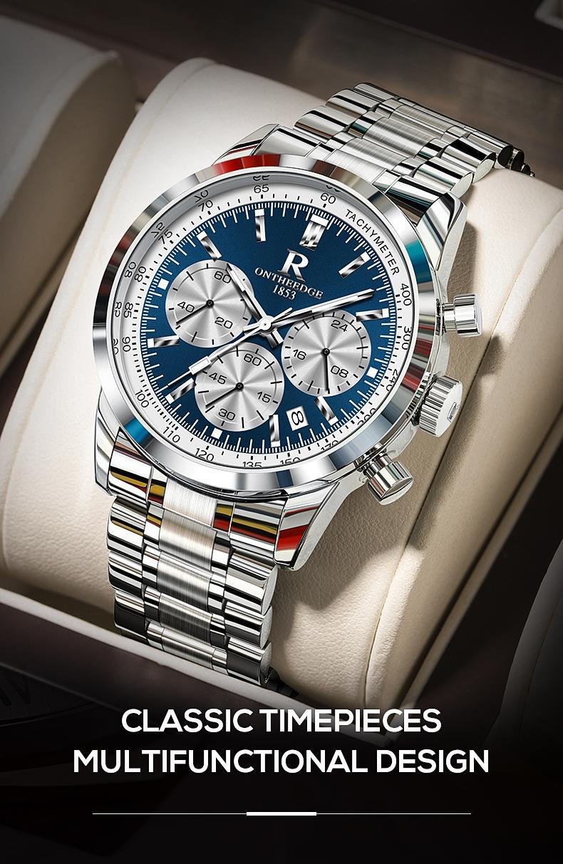 Men's Luxury Blue Dial Chronograph Quartz Watch - Stainless Steel Wristwatch with Tachymeter, Date Display, Multi-Function Subdials, Elegant Business Sport Dress Watch, Perfect Gift for Husband Dad Boyfriend