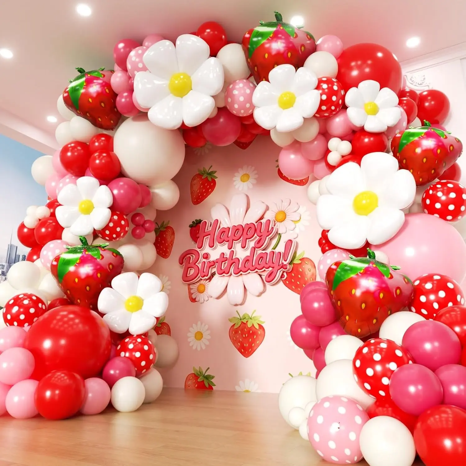 Strawberry Balloon Arch Kit 188Pcs with Strawberry Daisy Foil Balloons, Red Pink White Balloons for Sweet One Berry First Birthday, Wedding, Baby Shower, Gender Reveal, Girls Princess Party DecorGift