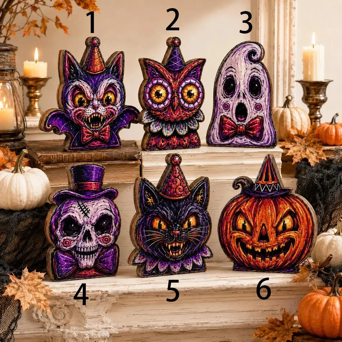 Vintage Halloween Wooden Tabletop Ornaments, Spooky Cat Owl Ghost Skull Pumpkin Tiered Tray Decor, Retro Purple Fall Desktop Display Signs Farmhouse Mantel Holiday Home Decorations