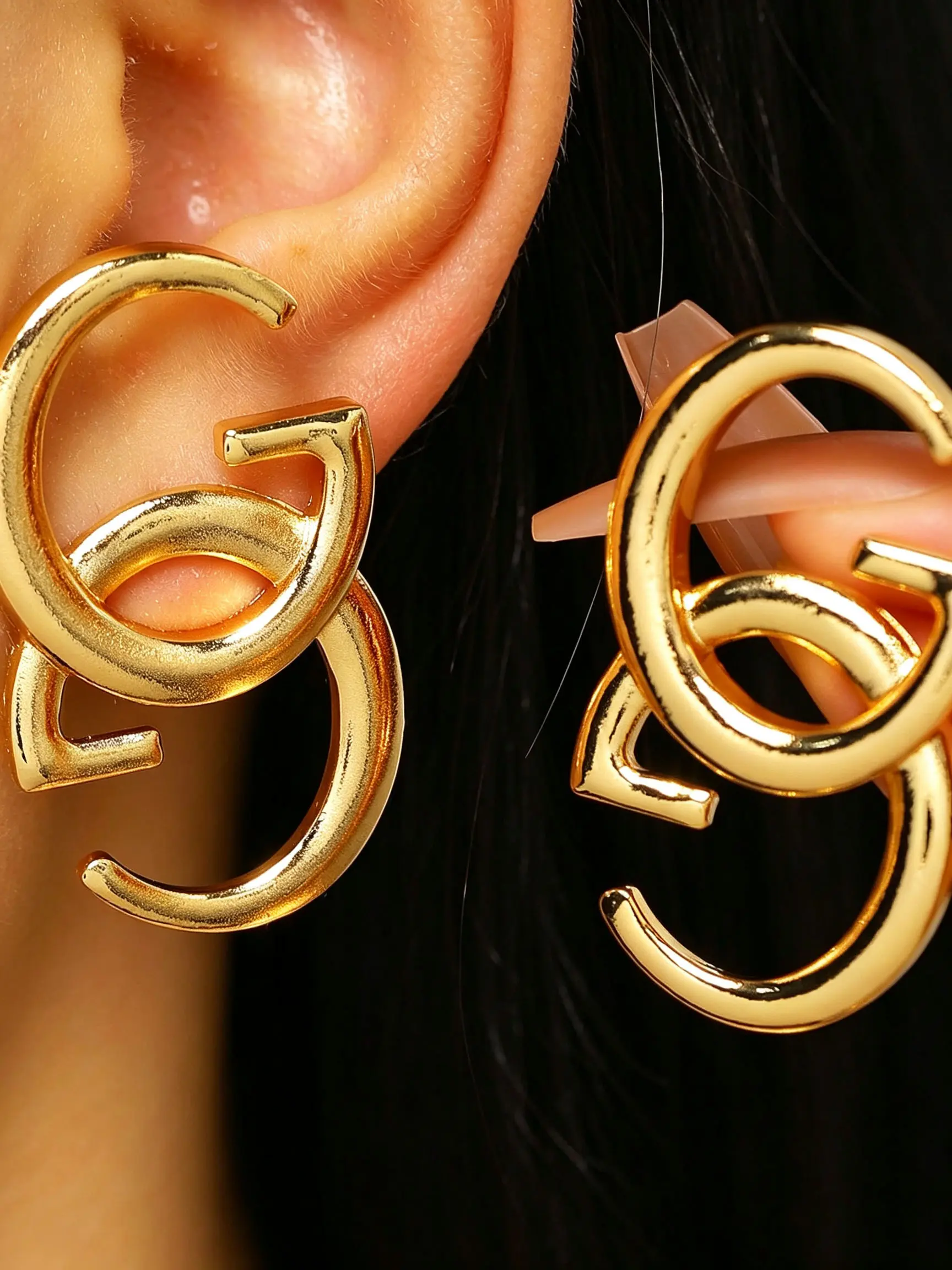 Interlocking double G hoop earrings, polished gold metal hoops, minimalist luxury jewelry, oversized open circle ear studs, party banquet accessories, hypoallergenic wearable earrings, daily & evening outfit matching earrings