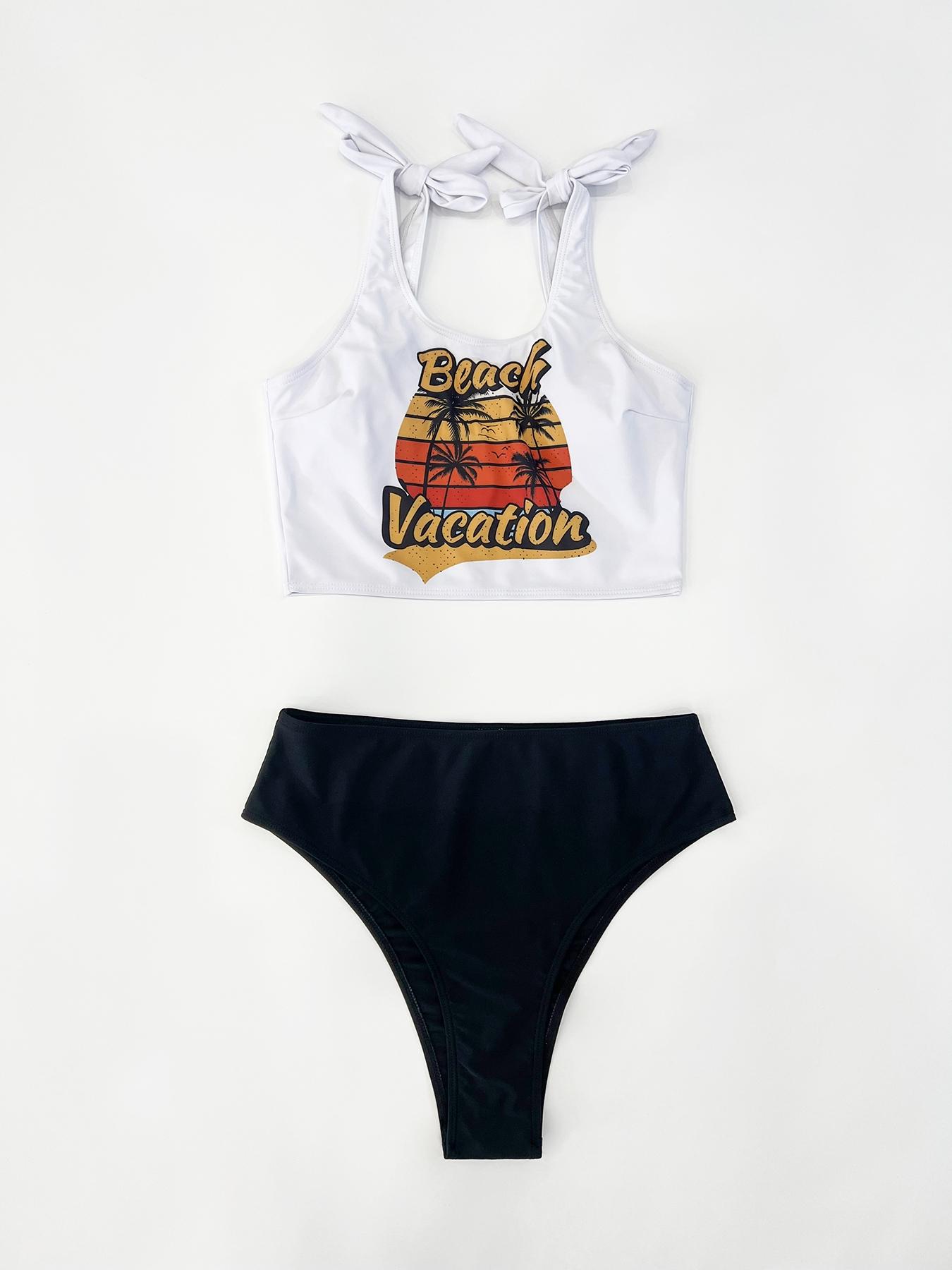 Women's Coconut Tree Print Swimsuit Crop Tankini Tops & Tankini Bottoms Swimsuits Sets, Bathing Suits, Casual Summer Swimwear Set for Beach Holiday, Tropical Print Tankini Swimsuits 2 Piece, Tankiniswimsuit, Tankinisuit, Swimming