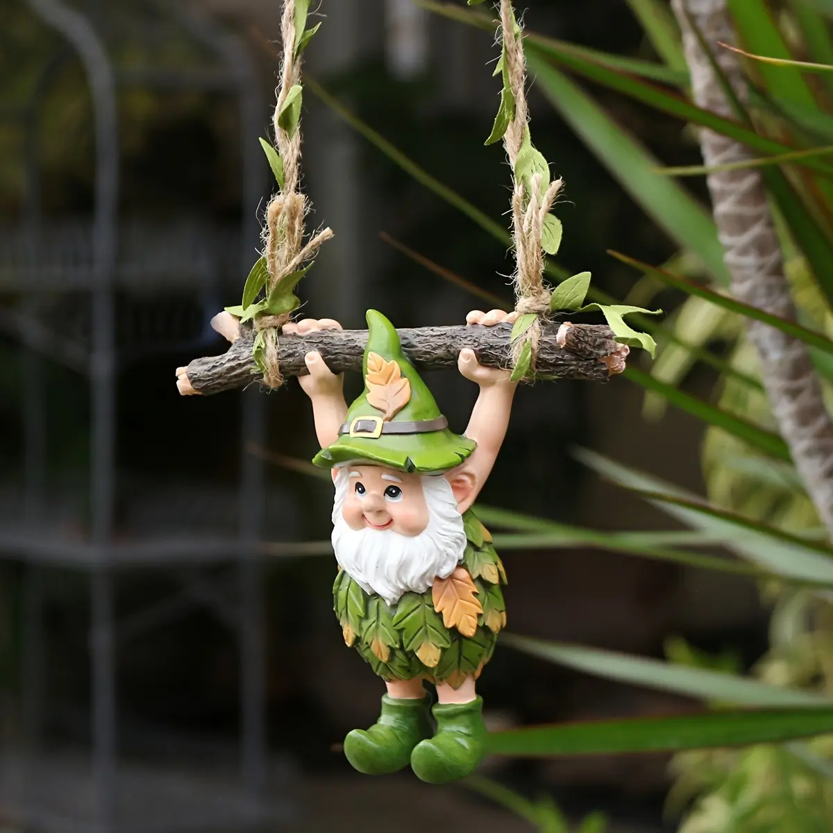 Resin Swing Gnome Tree Ornament with Leaf Seat, Cute White Beard Elf Hanging Decor for Garden, Yard, Patio and Balcony, Spring Holiday Decoration for Easter and St. Patrick's Day, Outdoor Collectible Gift and Nature Inspired Home Accent