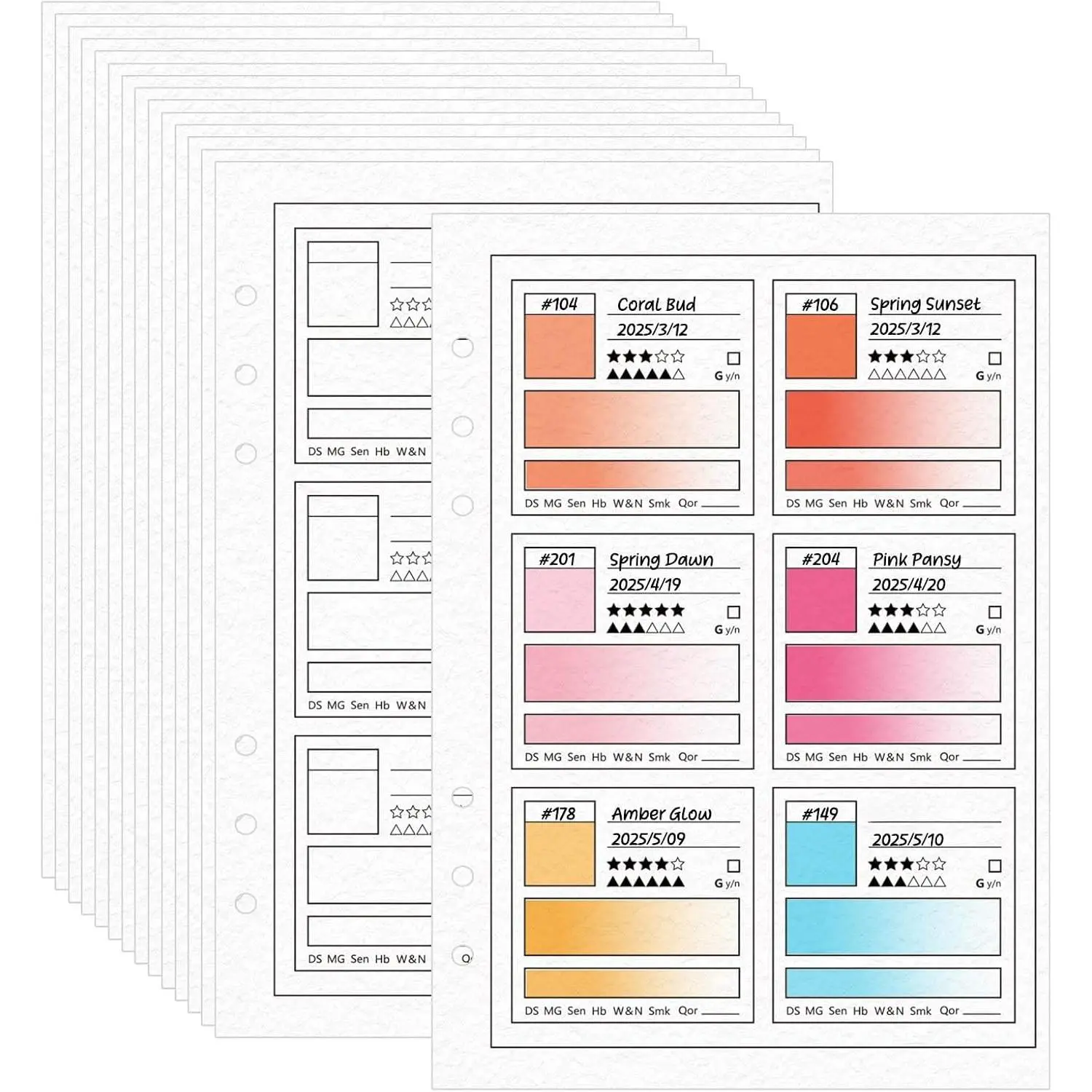 25 Sheets A5  Swatch Papers with Vellum Paper 140LB/300GSM   Water Color Artists Painting Swatch Page 6 Ring Loose Leaf Painter's Color Diary for  Marker Wet & Dry Media