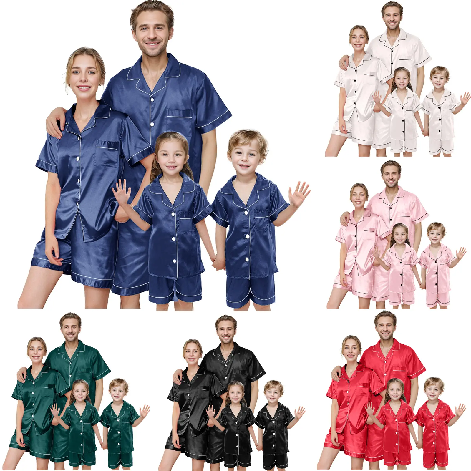 Babamoon Family Matching Silk Pajamas Set Summer Short Sleeve Solid Sleepwear Suits Couple Satin Pjs Loungewear Set