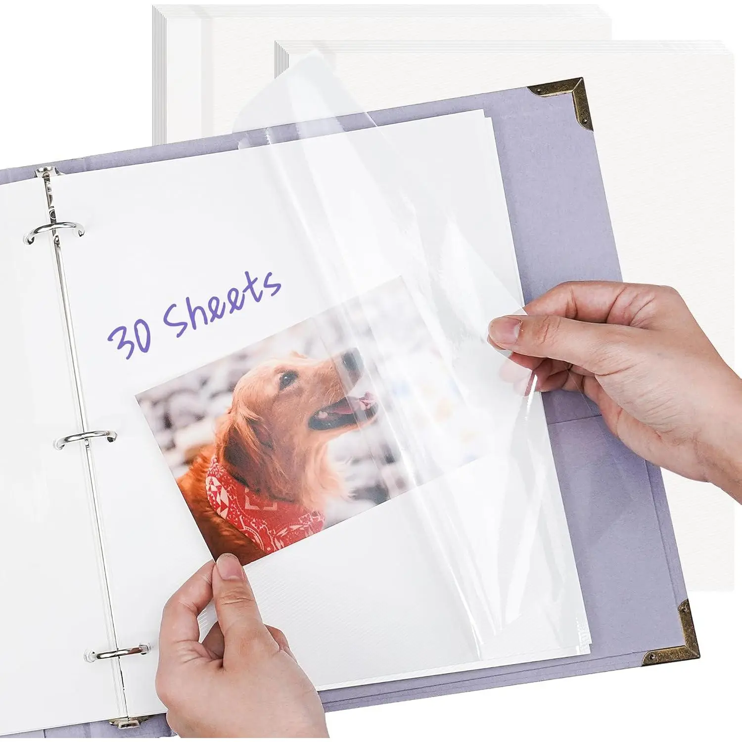 Photo Album Refill Pages for 3 Ring Binder, 30 Sheets/60 Pages Self Adhesive Scrapbook Sheets, Acid Free & Waterproof, Expandable Add & Remove Pages, Fit 2x3 4x6 5x7 8x10 Photos Stamps Recipe Cards