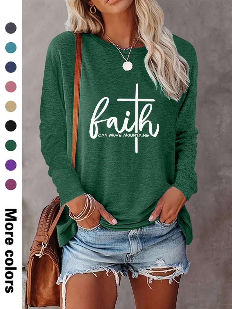 Women's Letter Print Round Neck Tee, Casual Long Sleeve T-shirt, Women's Spring & Fall Top for Daily Wear