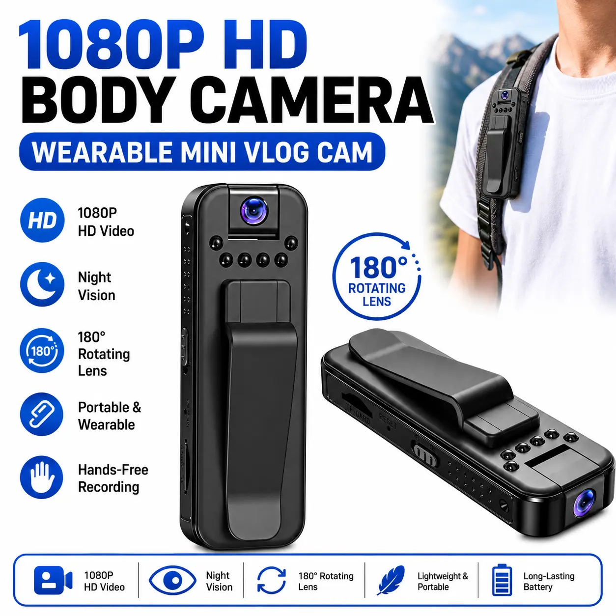 1080P HD Compact Wireless Body Video Camera, Wearable Vlogging Camcorder with Night Vision, 180° Rotating Lens, Mini Portable for Outdoor Adventures & Hands-Free Vlogging