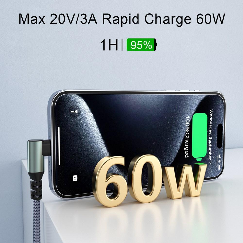 USB Type C Charger Cable Nylon Braided USB-C to USB C Line, 90 Degree Bend Gaming Charging Cable, Fast Charging Data Transfer