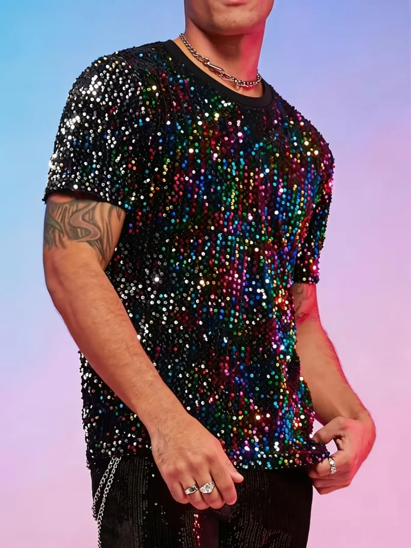 Men's Round Neck Short Sleeve T-Shirt, Rainbow Color Sequin 3D Print, Disco Nightclub Festival Party Top, Casual Loose-Fit Long Tee, Menswear