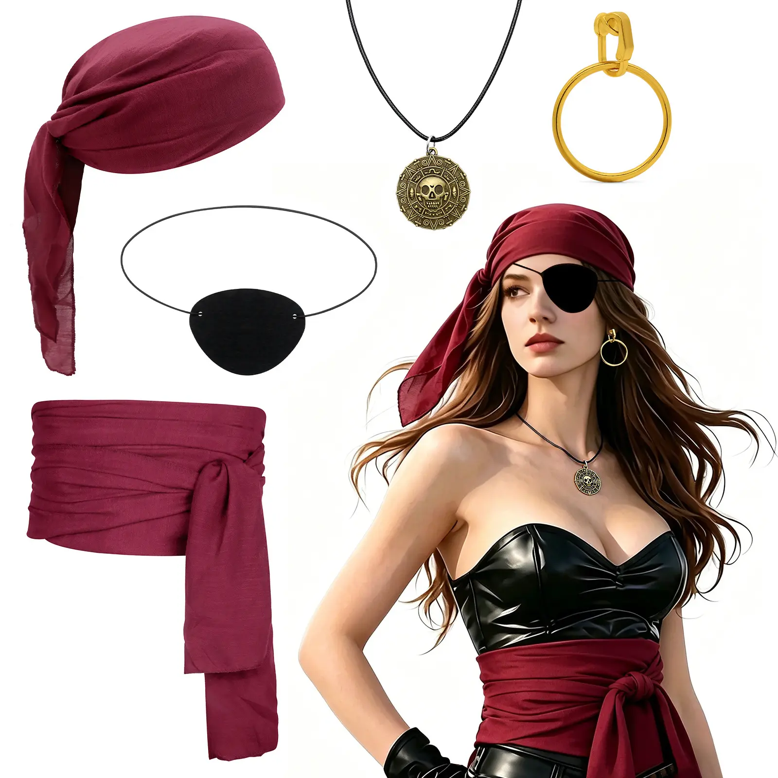 Viral 5 Piece Set Soft Fabric Pirate Cosplay Costume Accessories Lightweight Eye Patch Bandana Sash Complete Outfit For Halloween Parties