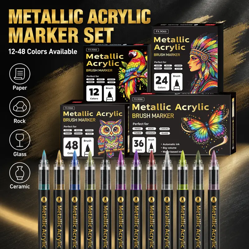 12/24/36/48 Colors Metallic Acrylic Brush Markers feature brilliant metallic pigments, smooth ink flow and flexible brush tips. The quick-drying ink provides rich coverage and vibrant effects, suitable for painting on paper, rock, glass, ceramic, canvas.