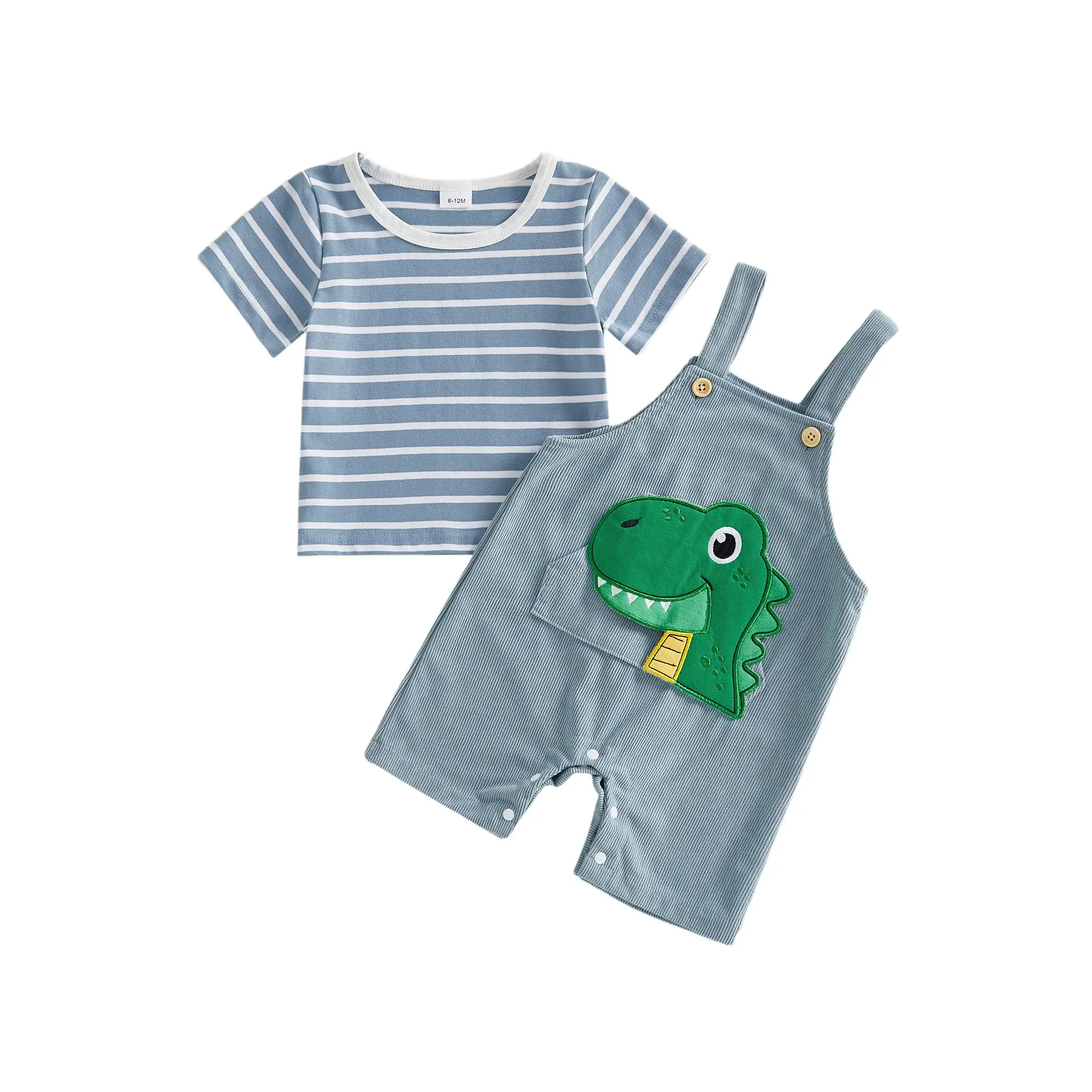 Shingpp Toddler Unisex Two Piece Summer Outfit Striped Short Sleeve Crew Neck Tee Cartoon Dinosaur Applique Overall Shorts Button Crotch Romper Casual Beach Vacation Daily Playwear Set
