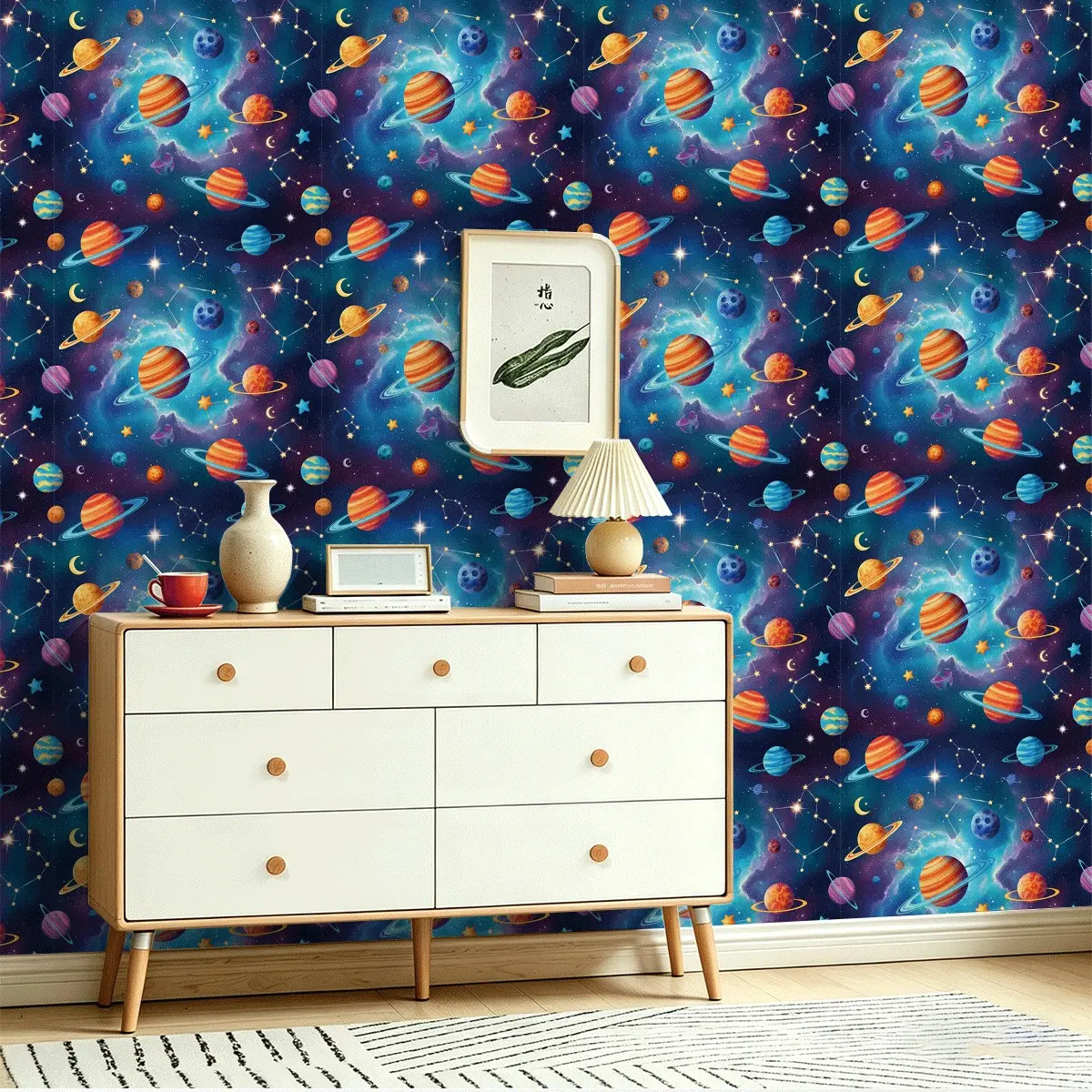 Seamless Peel and Stick Wallpaper, Fantasy Space Planet Print, Self-Adhesive, Fade-Resistant, Ideal for Bathroom and Living Room Decor