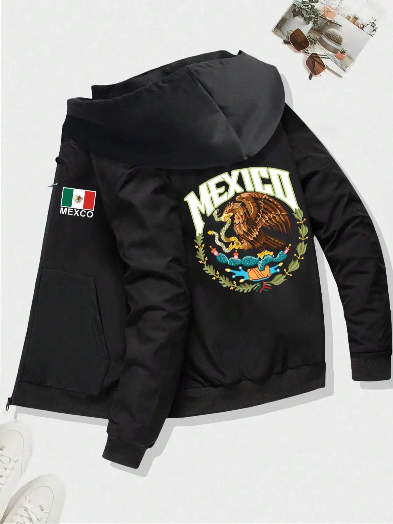 Men's Hooded Jacket with Mexican Eagle Print, Full Zip Drawstring Hood Long Sleeve, Windproof Coat with Pockets, Street Style Outerwear