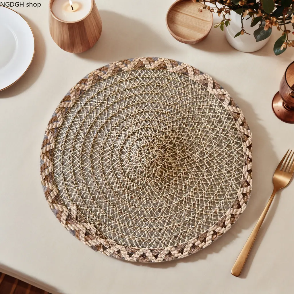 Round Shape Dining Mat Set - Woven Spiral, Braided Edge Jute Burlap Boho Kitchen Decor Accessory for Sports & Outdoor Use, Table Decor
