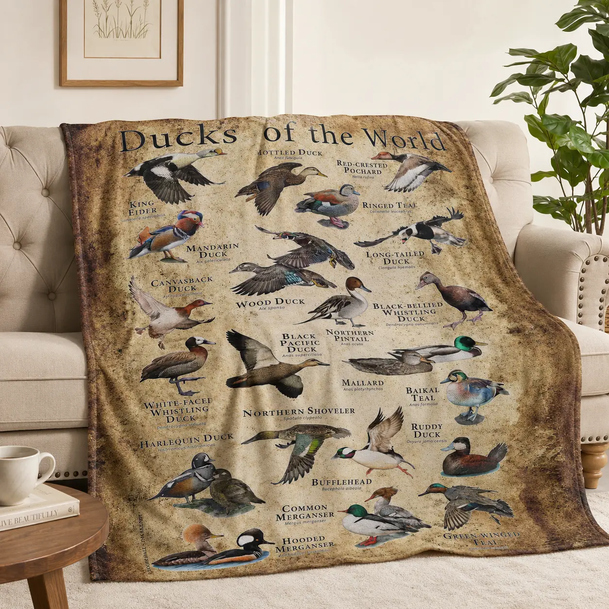 1 piece of retro mallard themed blanket, covered with a variety of ducks such as mallard, merganser, Soft and comfortable prints for boys and girls, living room sofa cover blanket, camping blanket, Soft Comfy Blanket, Animal Blankets