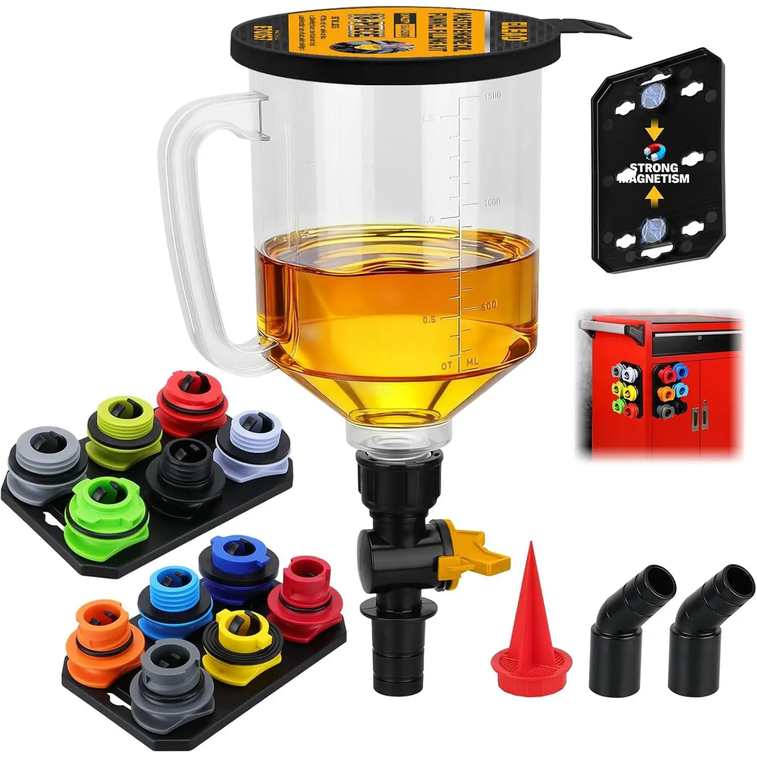 18-Piece No Spill Engine Oil Funnel Kit, 1.59QT/ 1.5L Automotive Coolant Funnel Set, 12 Adapters, Elbow Fitting, Arrow Screen & Magnetic Tray, Compatible with GM, Ford, BMW, Audi, Land Rover Etc