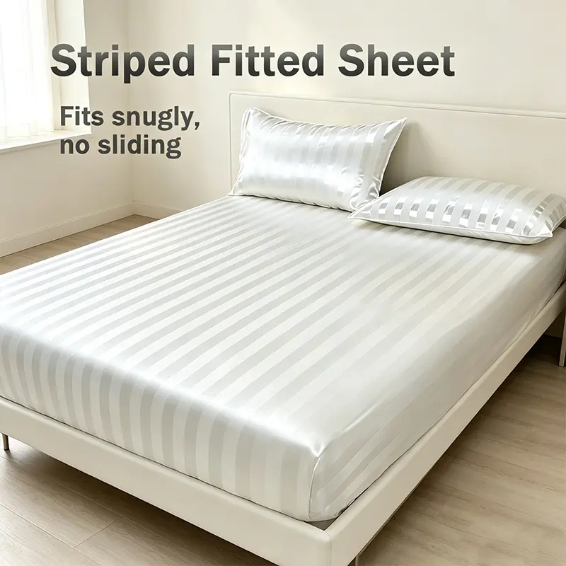 Luxury Gloss Vertical Stripe Satin Fitted Sheet Set, Soft Breathable Silky Material, Silky Fitted Sheets, Striped Fitted Sheet, Versatile Home Textile for Daily Relax and Housewarming Gift