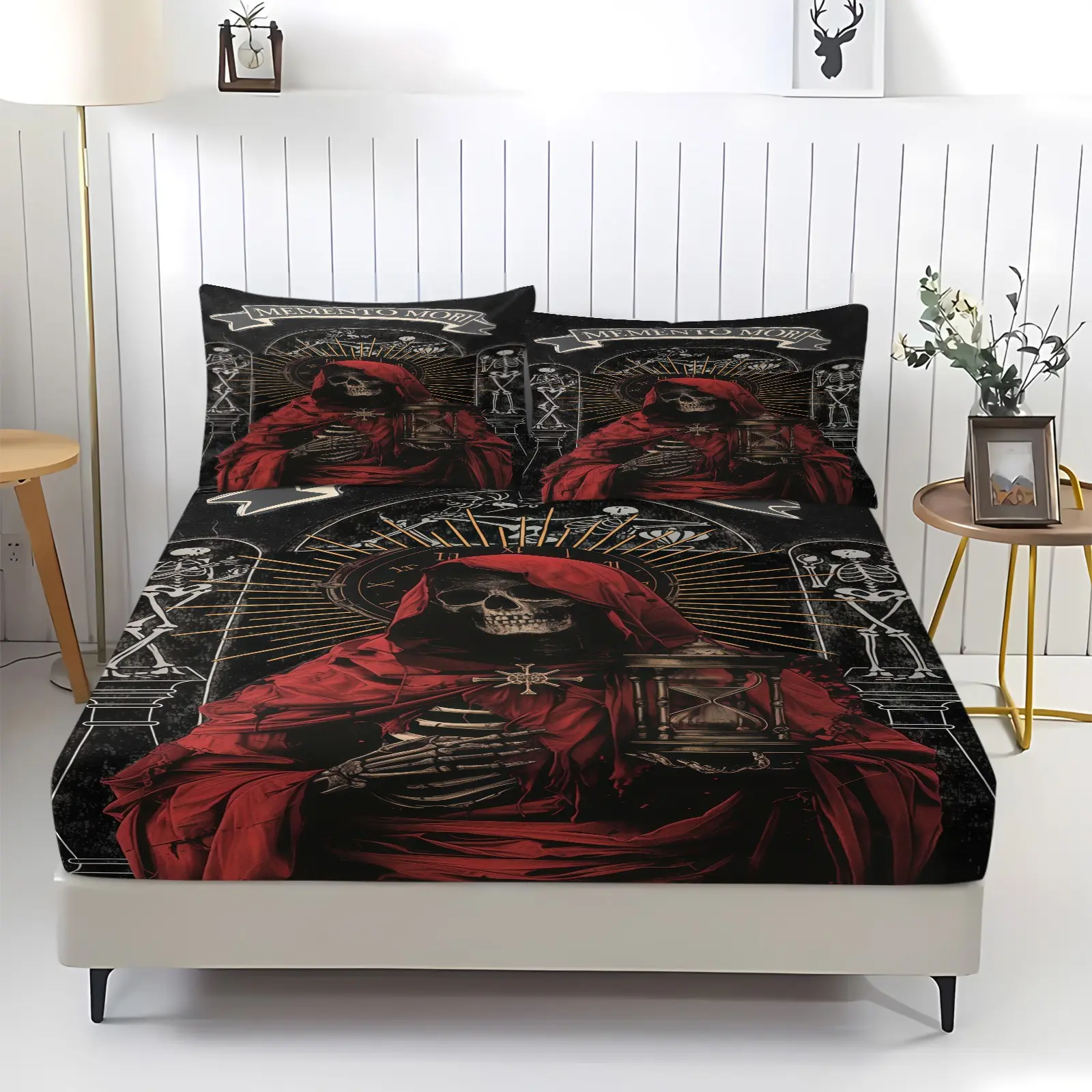Dark skull print pattern bed sheet, including 1 bed sheet and 2 pillowcases, anti slip dust cover suitable for bedrooms and guest rooms, suitable for personal use or gift giving