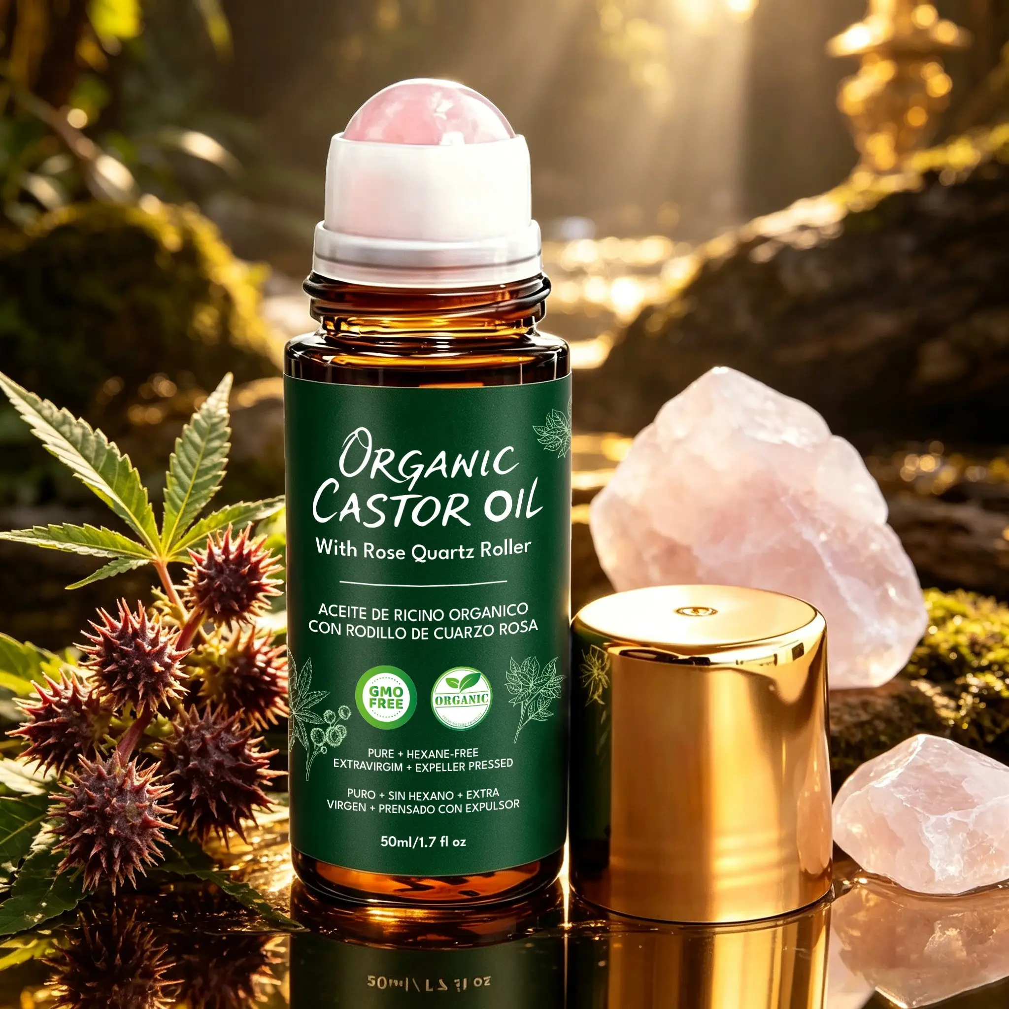 Rose Quartz Organic Castor Oil Roller, Strengthens Hair Roots, Promotes Hair Growth, Gentle Body Care Oil, Massage Ball for Soft Skin