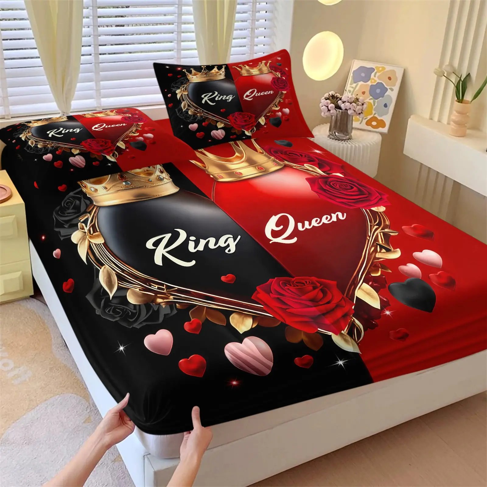 Romantic King Queen Heart Rose Fitted Sheet Set, 1 Fitted Sheet + 2 Pillowcases - 3 Piece, Soft Microfiber Deep Pocket All Season, Valentine Couple Bedroom Decoration, Gift for Married Couples