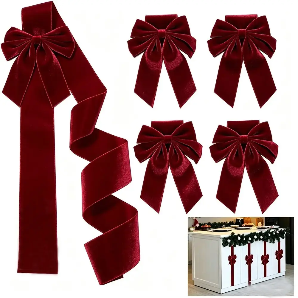 6 Piece Christmas Velvet Cabinet Door Bow and Ribbon Set, Velvet Bows for Kitchen Furniture, Holiday Party Decor Gift, Christmas Decorations
