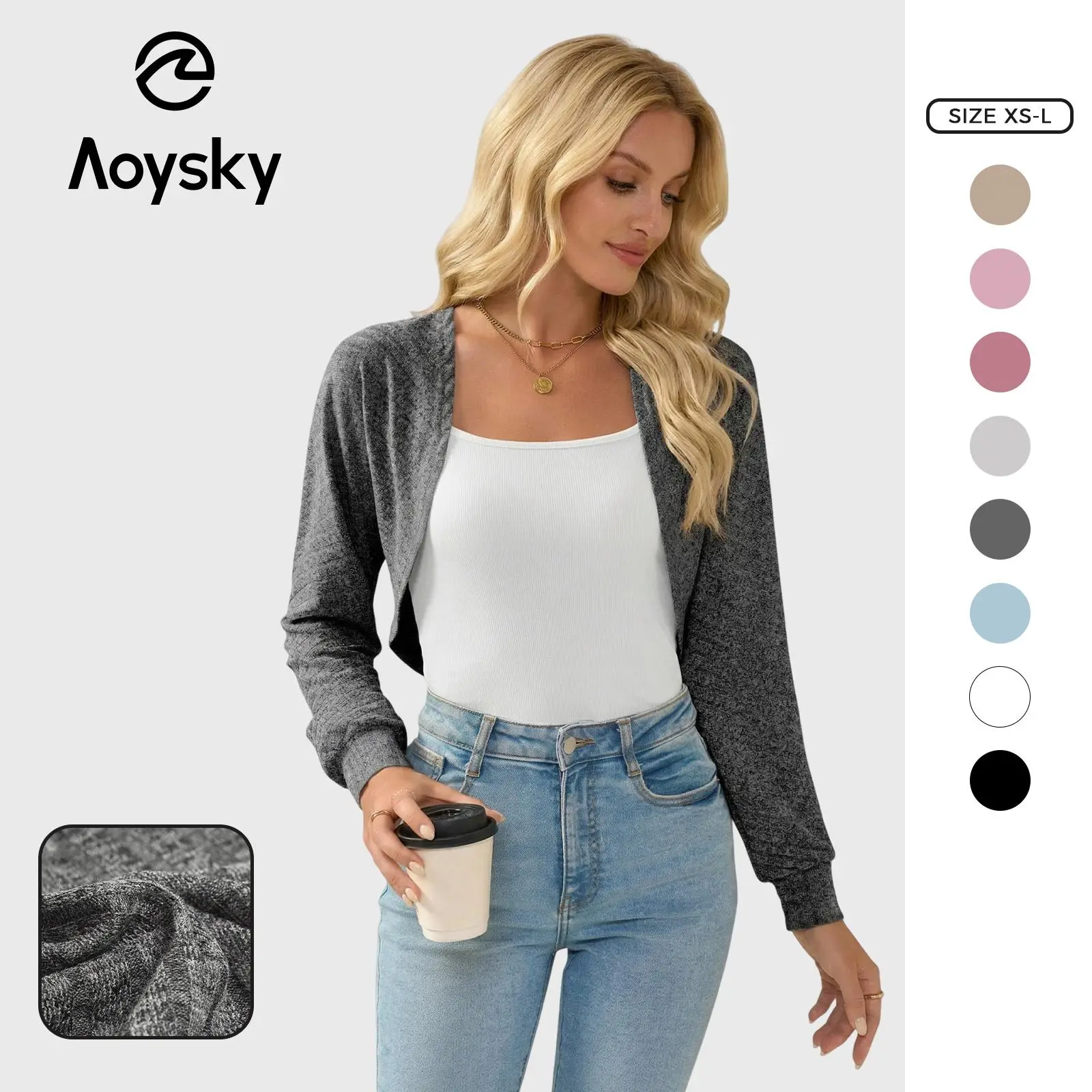 Aoysky Women's Minimalist Long-Sleeve Fitted Knit Cardigan - Collared Cropped Bolero Shrug Sweater