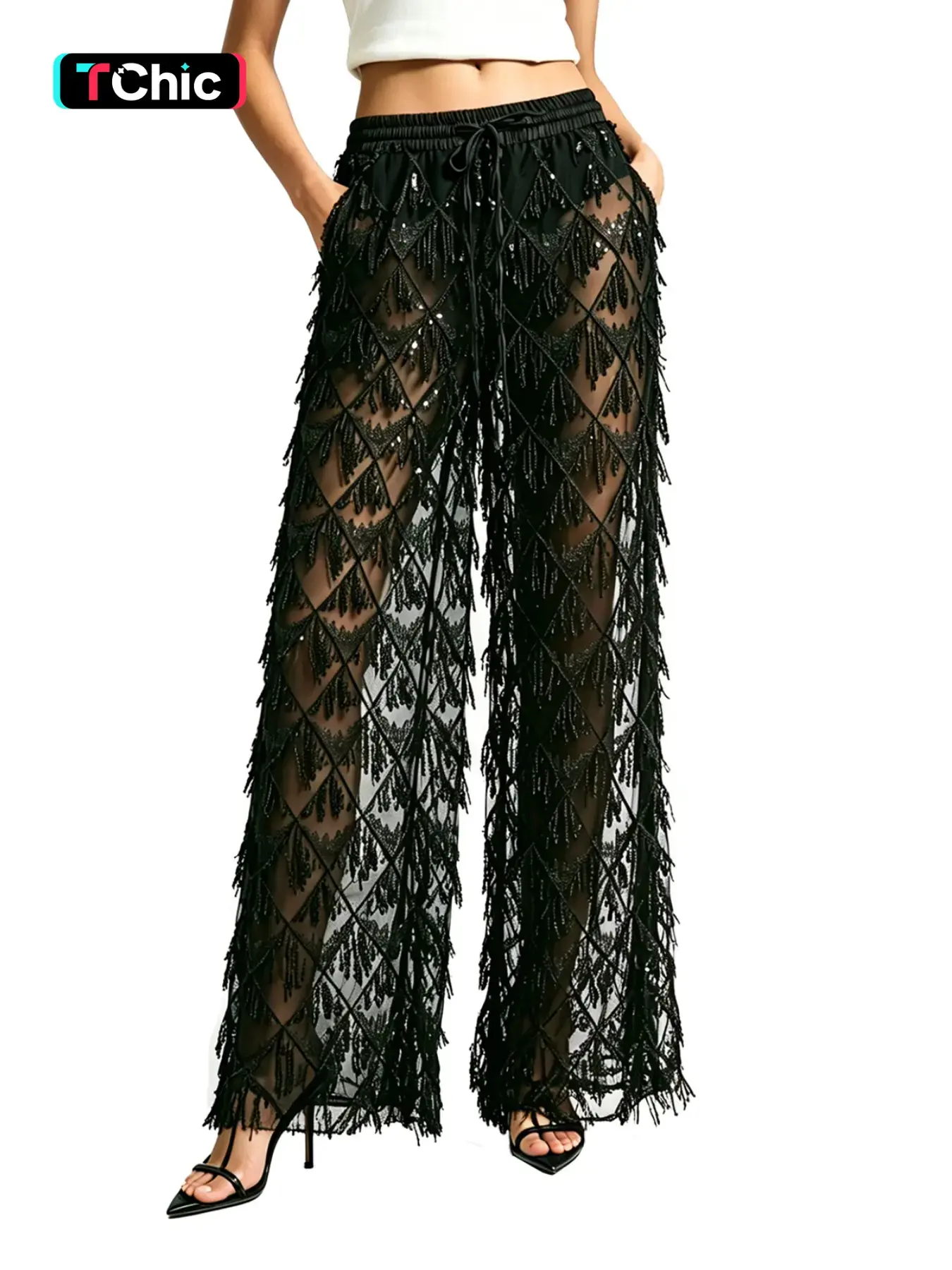 Women's Hollow Out Party Glitter Long Pants, Stylish Evening Wear, Perfect for Festive Occasions, Trendy and Eye-Catching Design