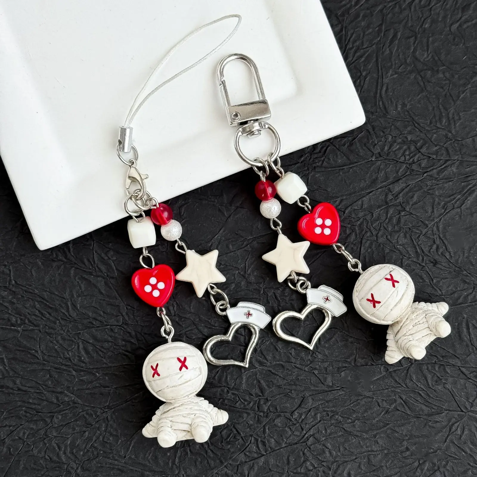 Mummy Phone Charm Cute Beaded Y2K Phone Lanyard Kawaii Red Heart Keychain Goth Voodoo Doll Bag Pendant Ornament for Headphone Case Backpack