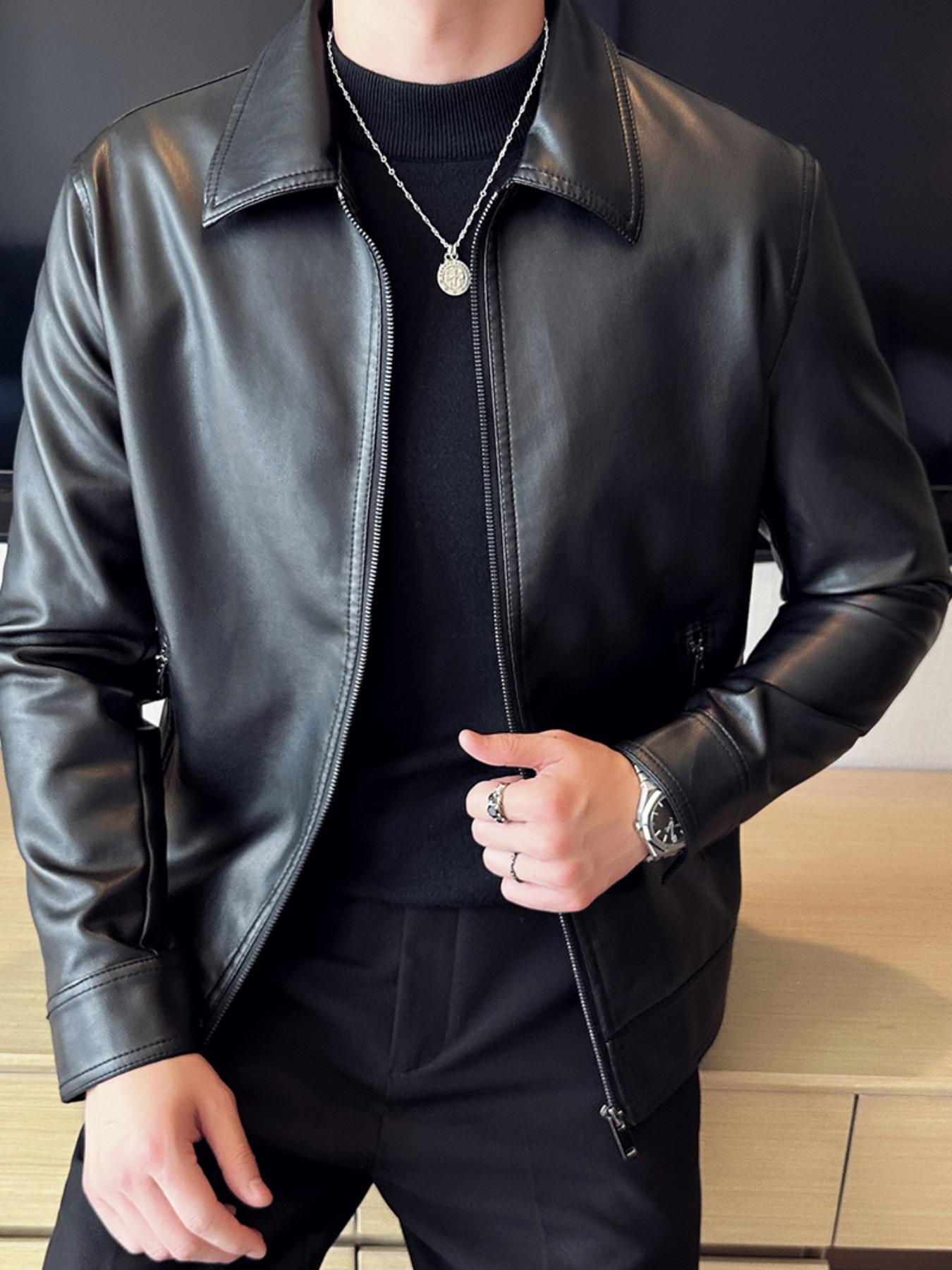 Men's Regular Fit Solid Zipper Pocket PU Leather Jacket, Casual Long Sleeve Collar Outerwear for All Seasons, Fashion Men's Clothing for Daily Wear