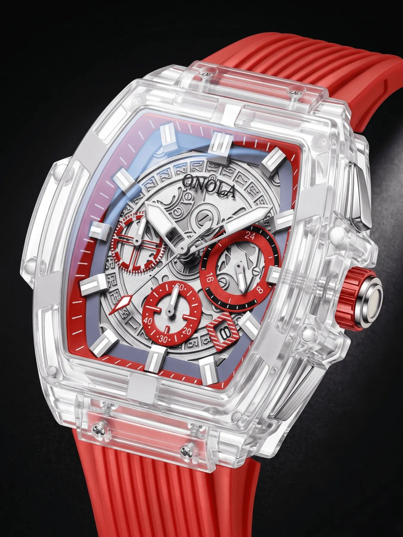 ONOLA Men's Quartz Watch, Fashionable Business Analog Watch, Men Quartz Wrist Watch Chronograph Hand Watch Transparent Tonneau Hollow Skeleton Dial Silicone Band Sport Male Wristwatch Fashion Daily Casual Trendy Gift Watch For Young Guys