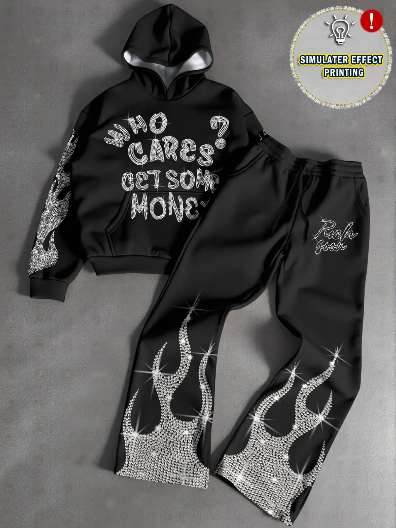 Men's Street Style Sportswear Set, Flame Text Print Hoodie + Loose Fit Sweatpants, Long Sleeve, Ankle Length, Fall & Winter