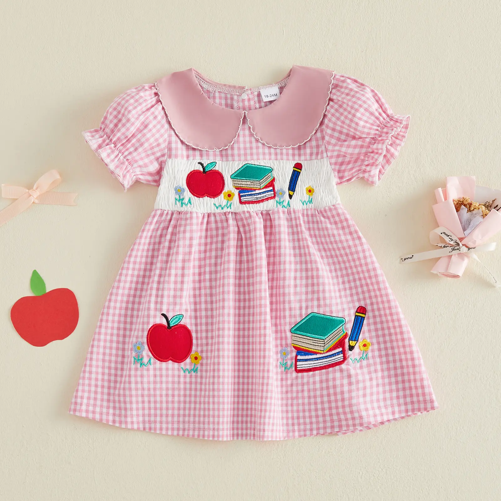 Toddler Baby Girls Back to School Outfit Smocked Dress Apple Pencil Striped/Plaid Dresses First Day of School Clothes