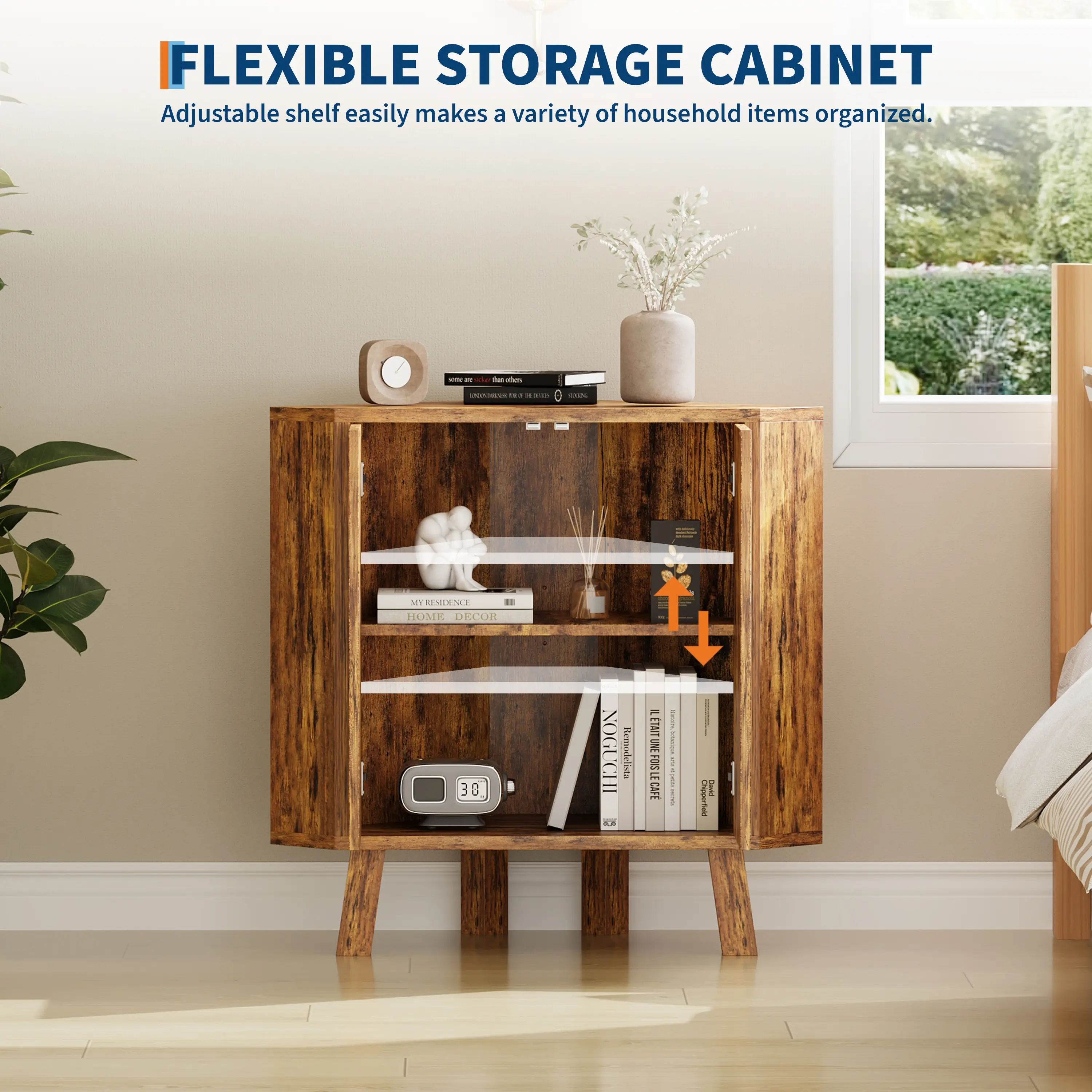 Industrial‑Style 3‑Tier Fluted Triangle Corner Storage Cabinet, Freestanding 90‑Degree Floor Organizer With Adjustable Shelves, Soft‑rebound Cabinet Doors and Anti‑tip Design, Multipurpose Corner Furniture for Bathroom, Kitchen, Entryway, Living Room