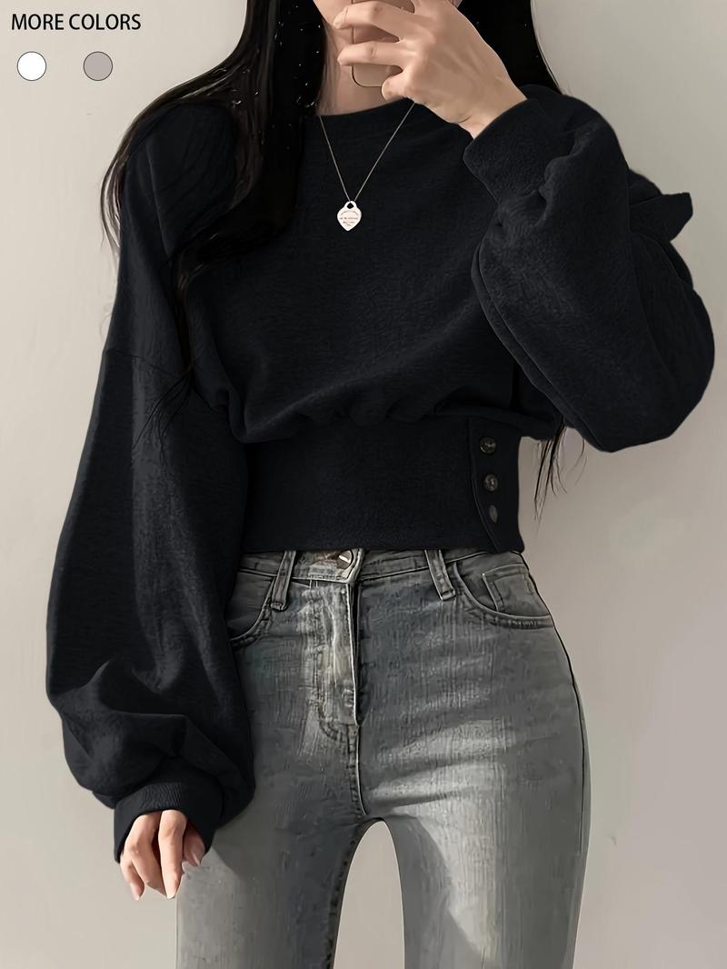 Women's Plain Button Decor Pullover Sweater, Y2K Casual Long Sleeve Crew Neck Jumper for Spring & Fall, Fashion Women's Knitwear for Daily Wear