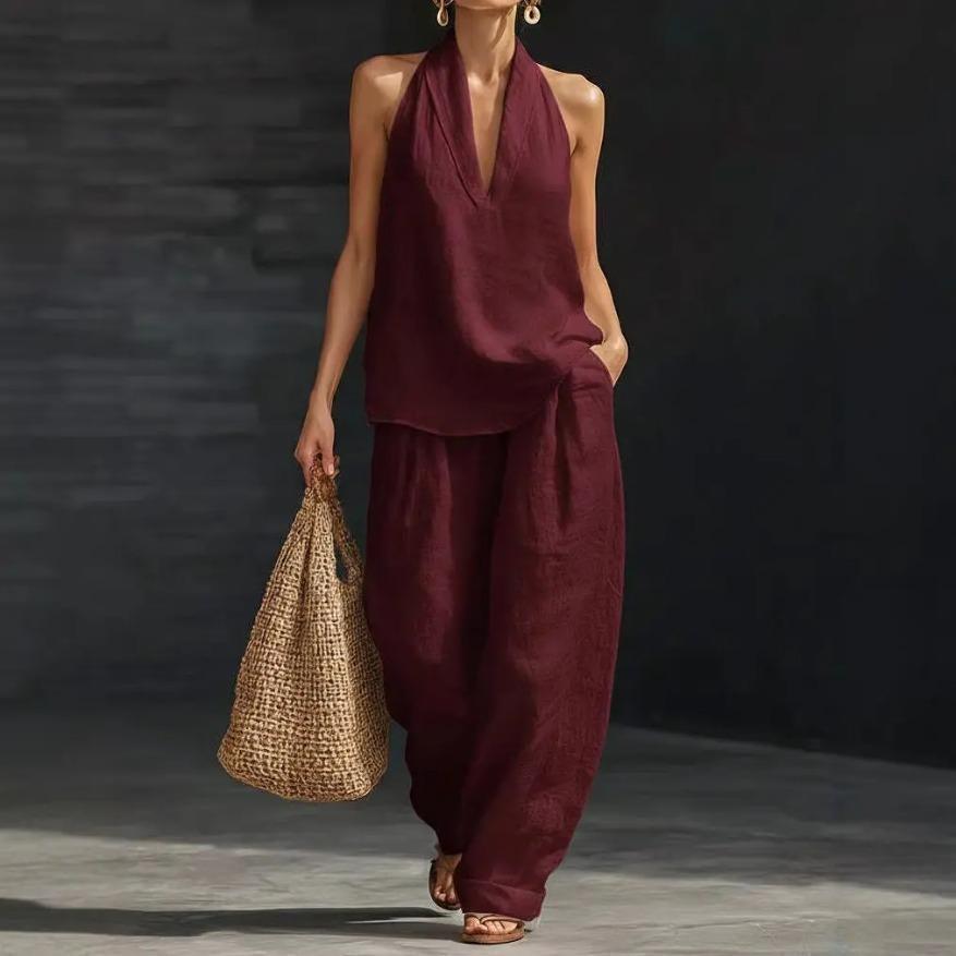 Summer Bohemia Linen Set for Women - Halter Neck Sleeveless Top & Loose Wide Leg Pants, Beach Vacation Brunch Casual Outfit