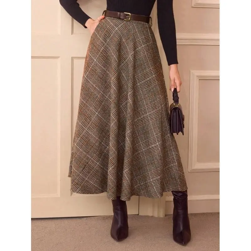 Elegant Vintage Women High Waist Plaid A-Line Flare Skirt With Pockets, Casual Long Fall Winter Skirt for Christmas Thanksgiving Homecoming Going Out