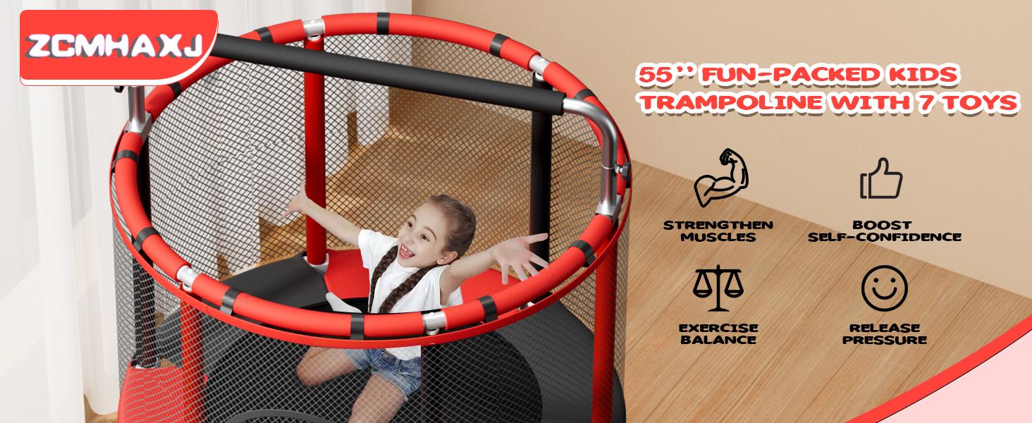AGS 55" Trampoline for Kids with Enclosure, 440lbs Capacity Indoor & Outdoor Toddler Trampoline with Adjustable Gymnastics Bar & Toys, for Boys & Girls