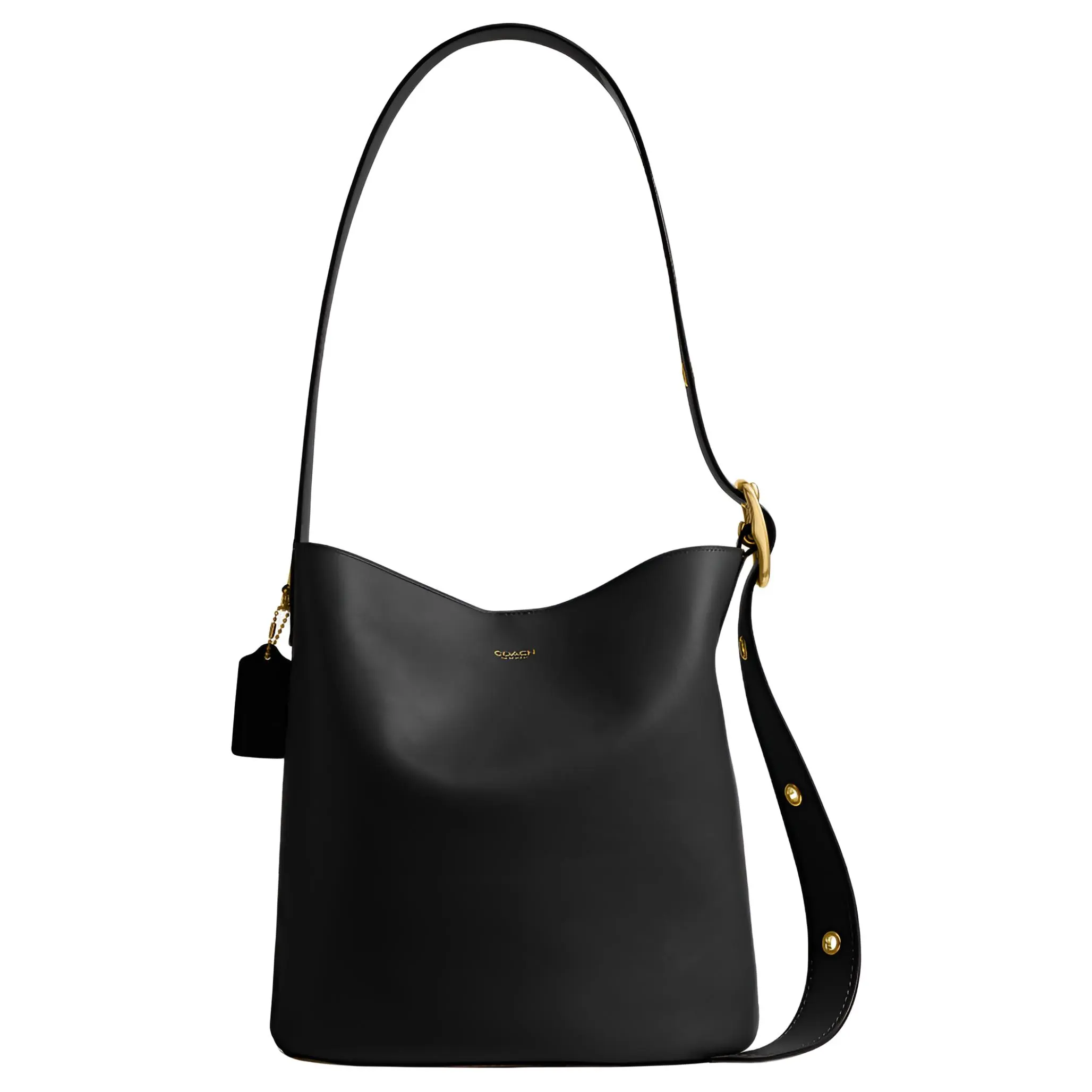 Coach Bleecker 28 Leather Bucket Bag for Women, Metallic Logo Hardware, Large Size, Black